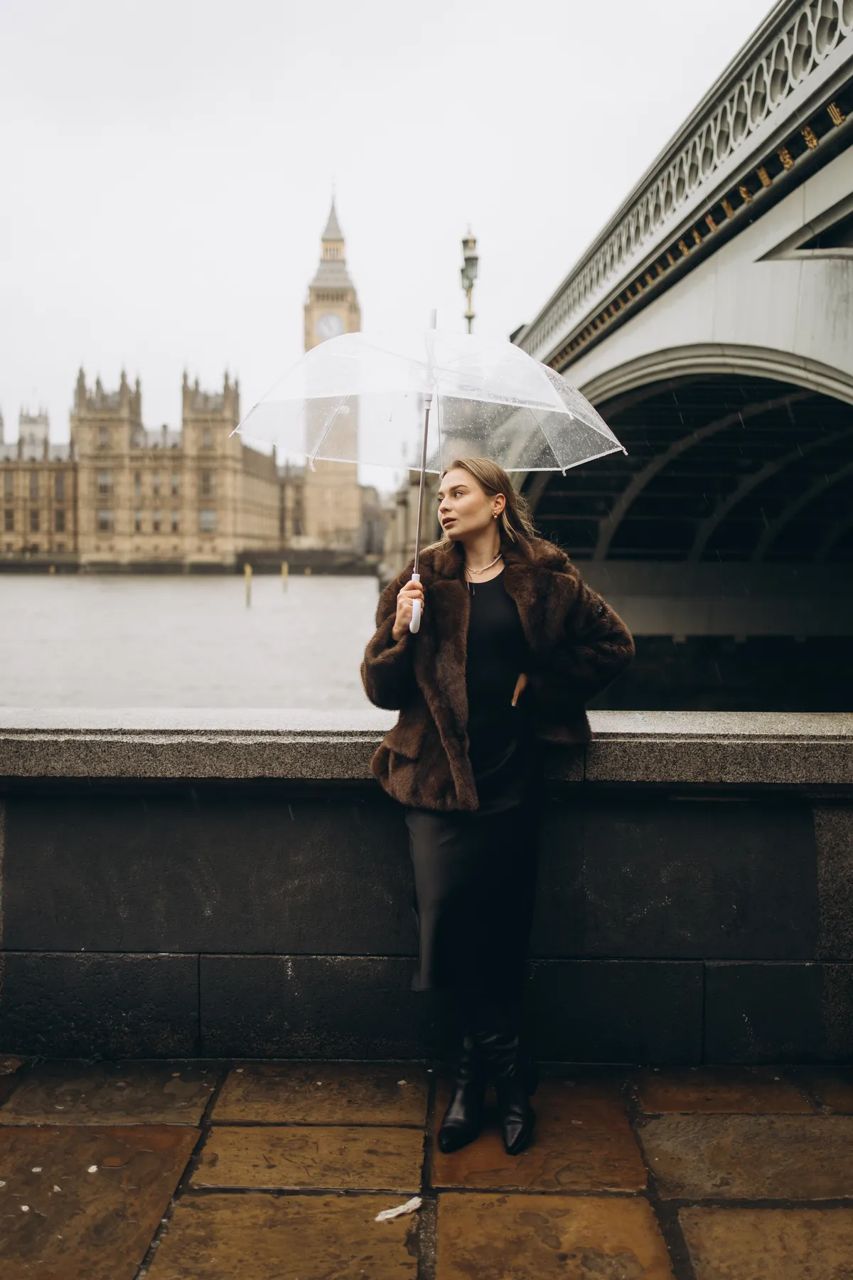 Full-length portrait of a woman with a clear umbrella by Westminster Bridge, Big Ben behind