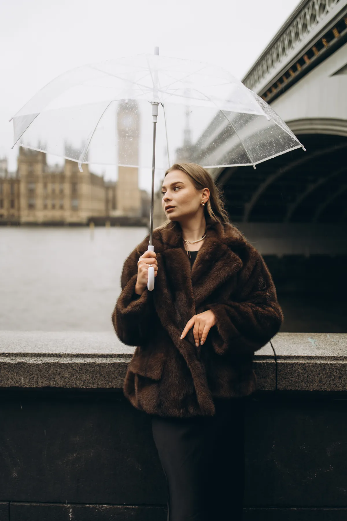 Woman in a brown fur coat with a clear umbrella by the river wall opposite Big Ben