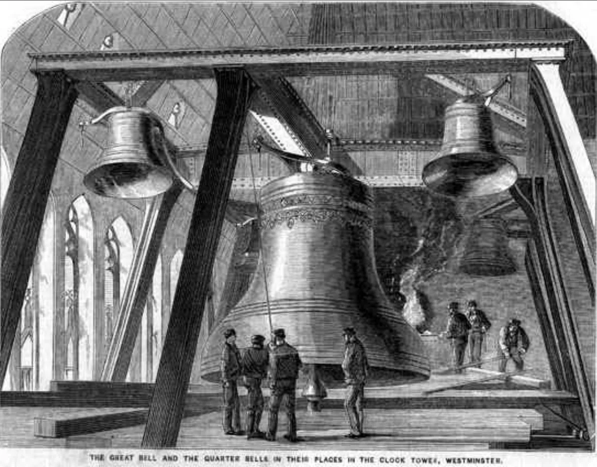 1858 engraving of the Great Bell Big Ben and the quarter bells hanging in the Clock Tower belfry with workmen below