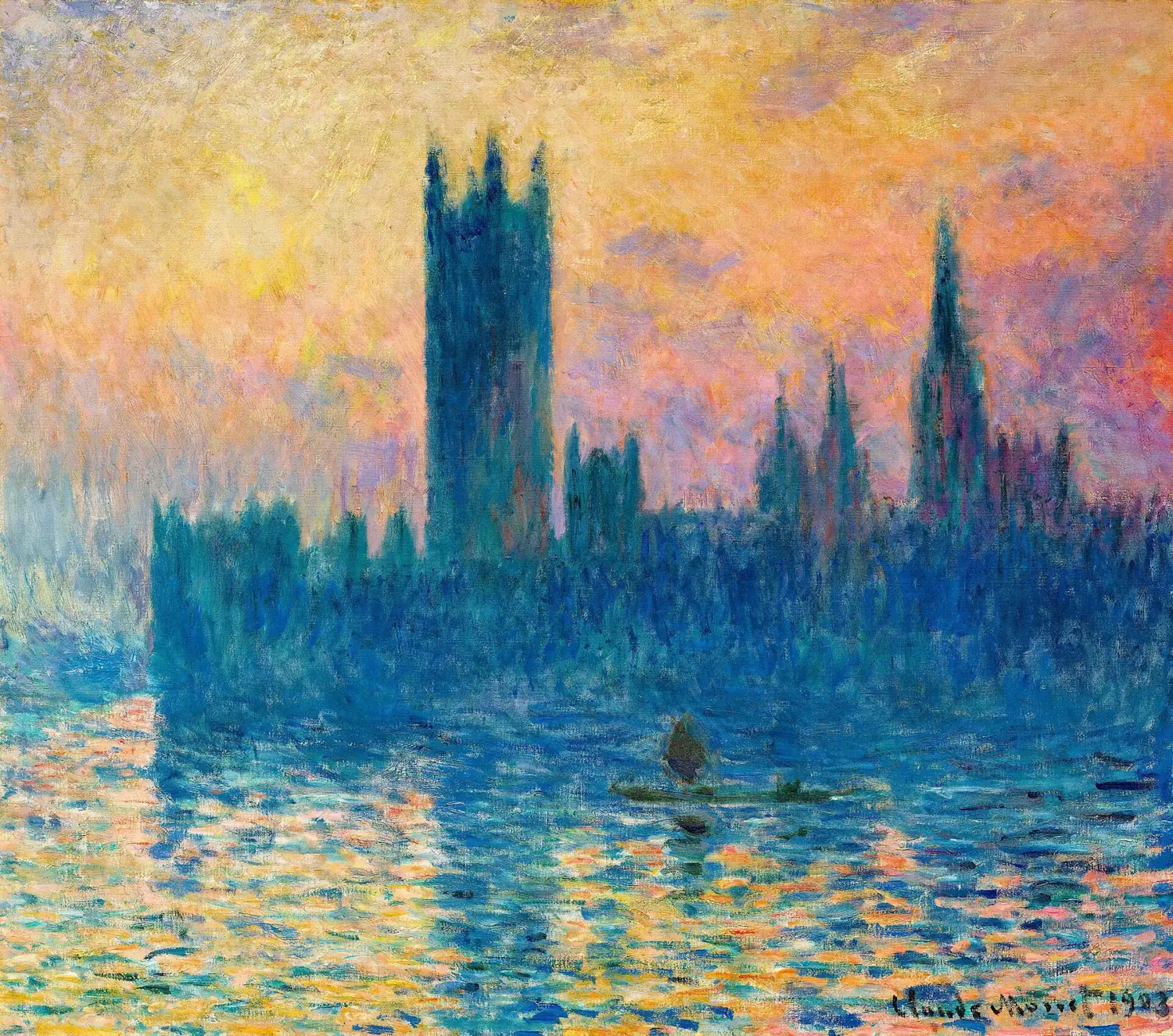 Claude Monet painting of the Houses of Parliament as a blue silhouette against an orange sunset over the Thames