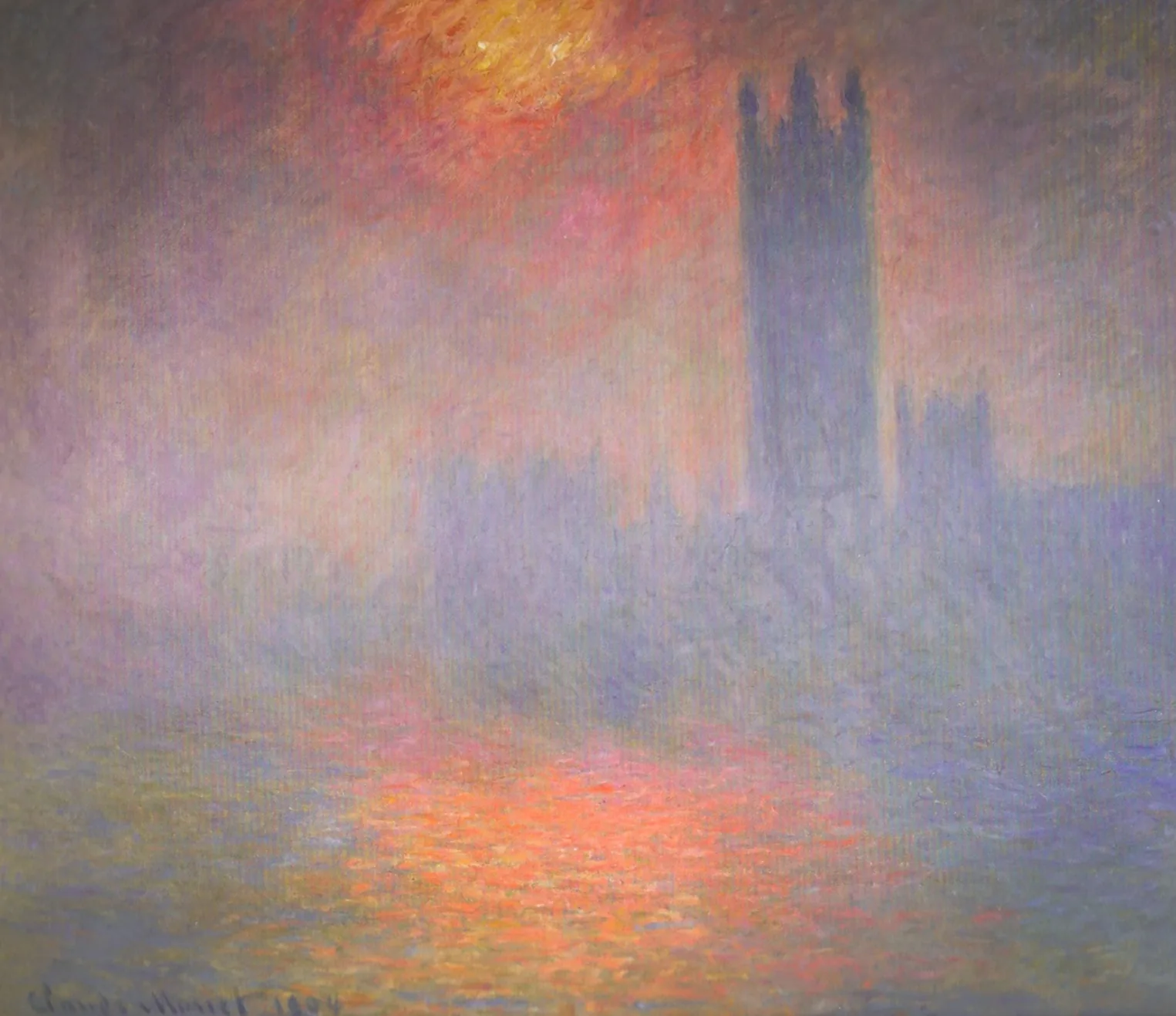 Claude Monet painting of the Houses of Parliament in violet fog with the sun breaking through