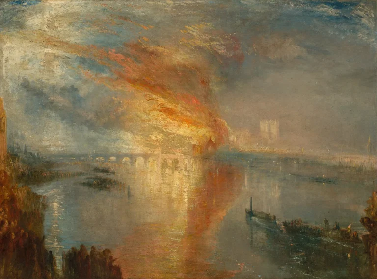 J. M. W. Turner painting of the Houses of Parliament burning in 1834, flames reflected in the Thames and crowds on the bank